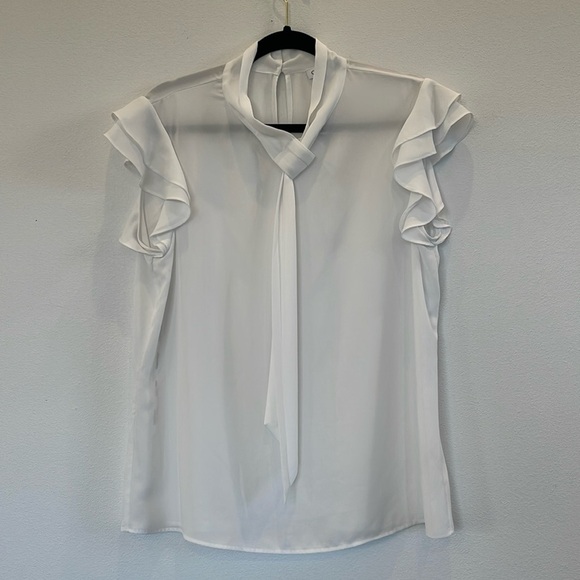 Calvin Klein Tie-neck Ruffled Cap-sleeve Blouse In White Size L - Picture 1 of 11